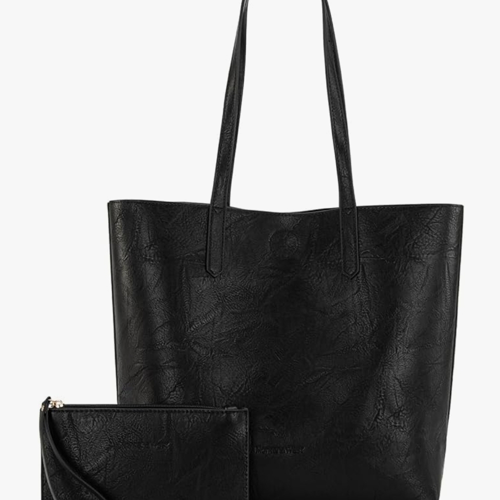 Black Faux Leather Tote Bag with Wristlet